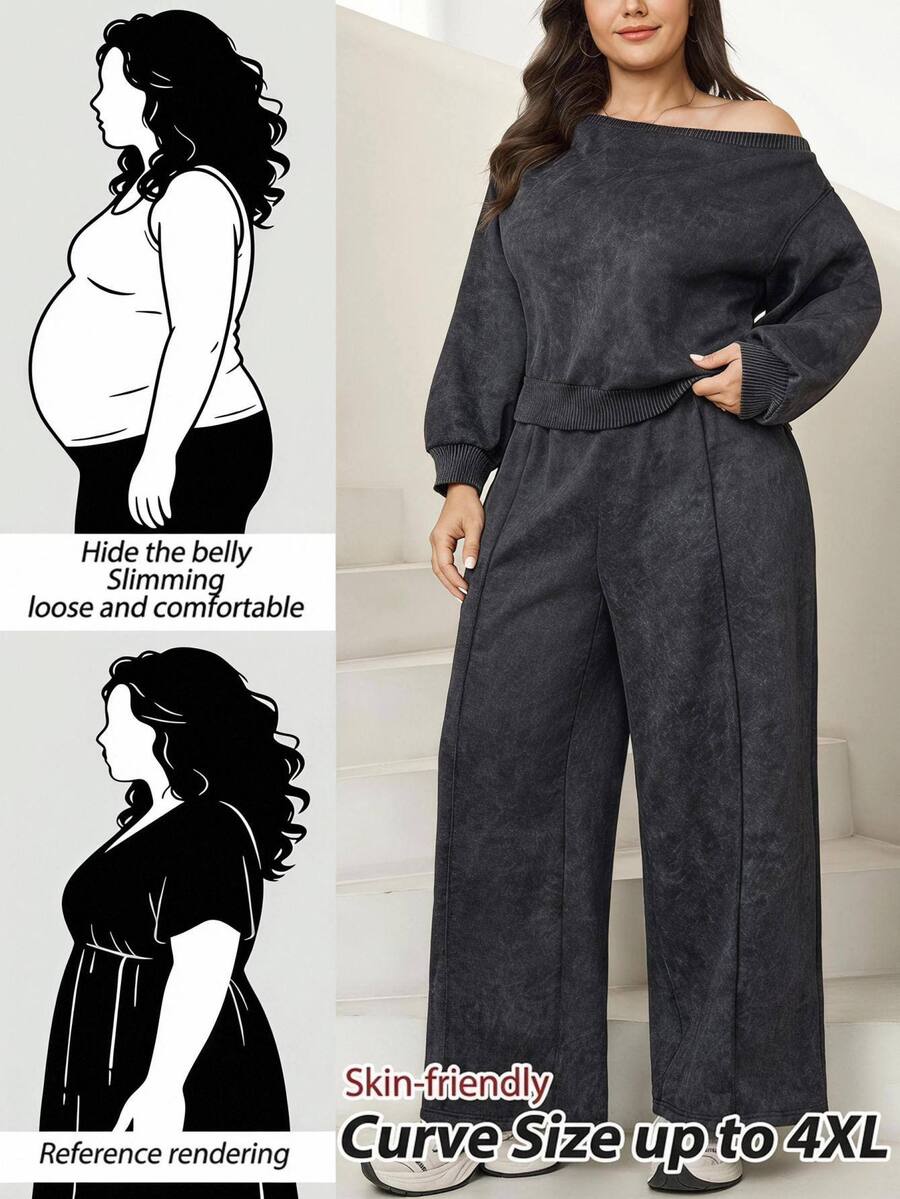 Comfylo Set Sweatshirt Bahu Asimetris Ukuran Plus dan Celana Panjang Lebar dengan Jahitan Depan - Hitam - View 1