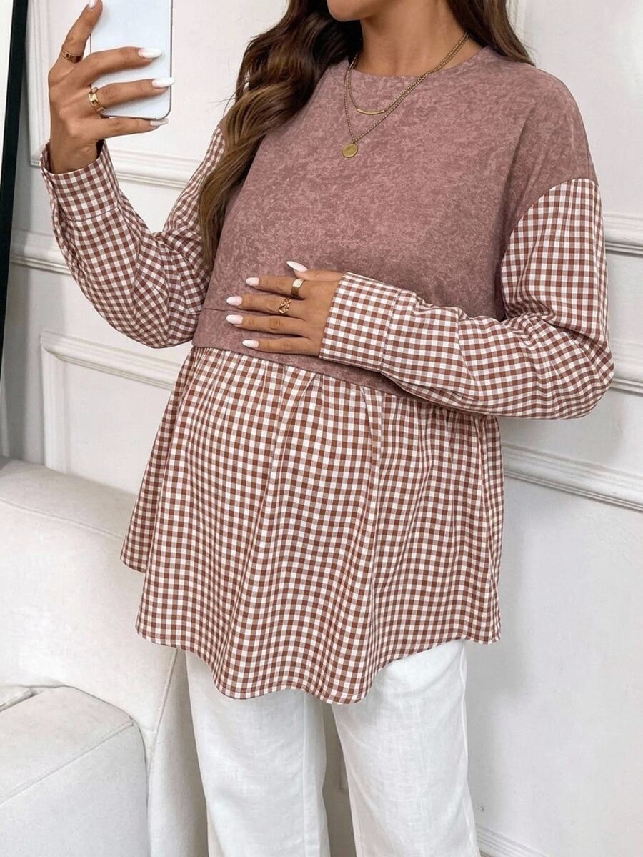 SHEIN Sweatshirt Kasual Musim Dingin Motif Kotak-kotak Patchwork Leher Bulat Bahu Longgar untuk Ibu Hamil - MultiWarna - View 1