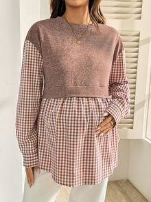 SHEIN Sweatshirt Kasual Musim Dingin Motif Kotak-kotak Patchwork Leher Bulat Bahu Longgar untuk Ibu Hamil - MultiWarna - View 6