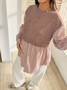 SHEIN Sweatshirt Kasual Musim Dingin Motif Kotak-kotak Patchwork Leher Bulat Bahu Longgar untuk Ibu Hamil - MultiWarna - View 7