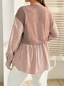 SHEIN Sweatshirt Kasual Musim Dingin Motif Kotak-kotak Patchwork Leher Bulat Bahu Longgar untuk Ibu Hamil - MultiWarna - View 5