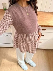 SHEIN Sweatshirt Kasual Musim Dingin Motif Kotak-kotak Patchwork Leher Bulat Bahu Longgar untuk Ibu Hamil - MultiWarna - View 3