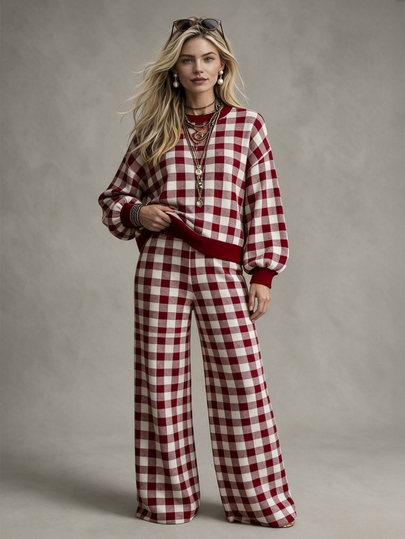 SHEIN Women's Plaid Long Sleeve Top And Pants Casual Daily Knit 2 Pieces Set