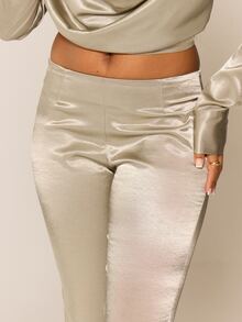 MUSERA Metallic Satin Low Rise Fitted Flare Coord Trouser Sexy Evening Night Going Out Fall Winter Autumn Solitude - Khaki - View 5