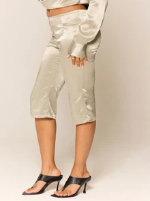 MUSERA Metallic Satin Low Rise Fitted Flare Coord Trouser Sexy Evening Night Going Out Fall Winter Autumn Solitude - Khaki - View 3