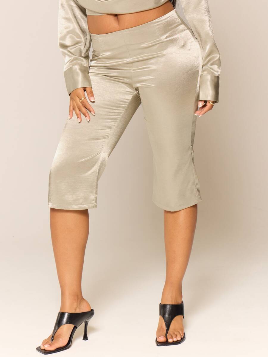 MUSERA Metallic Satin Low Rise Fitted Flare Coord Trouser Sexy Evening Night Going Out Fall Winter Autumn Solitude - Khaki - View 1