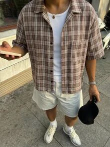 HIMLAND 男士短袖襯衫，復古格紋襯衫，夏季海灘裝，休閒寬鬆版型，棕色格紋鈕扣式，復古街頭風，萬聖節冬季秋季 - 棕色 - 查看 7