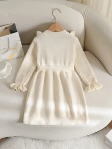 SHEIN 秋冬少女杏色復古粗針編織圓領收腰A字下擺可愛荷葉邊長袖針織洋裝，適合戶外休閒 - 杏色 - 查看 2
