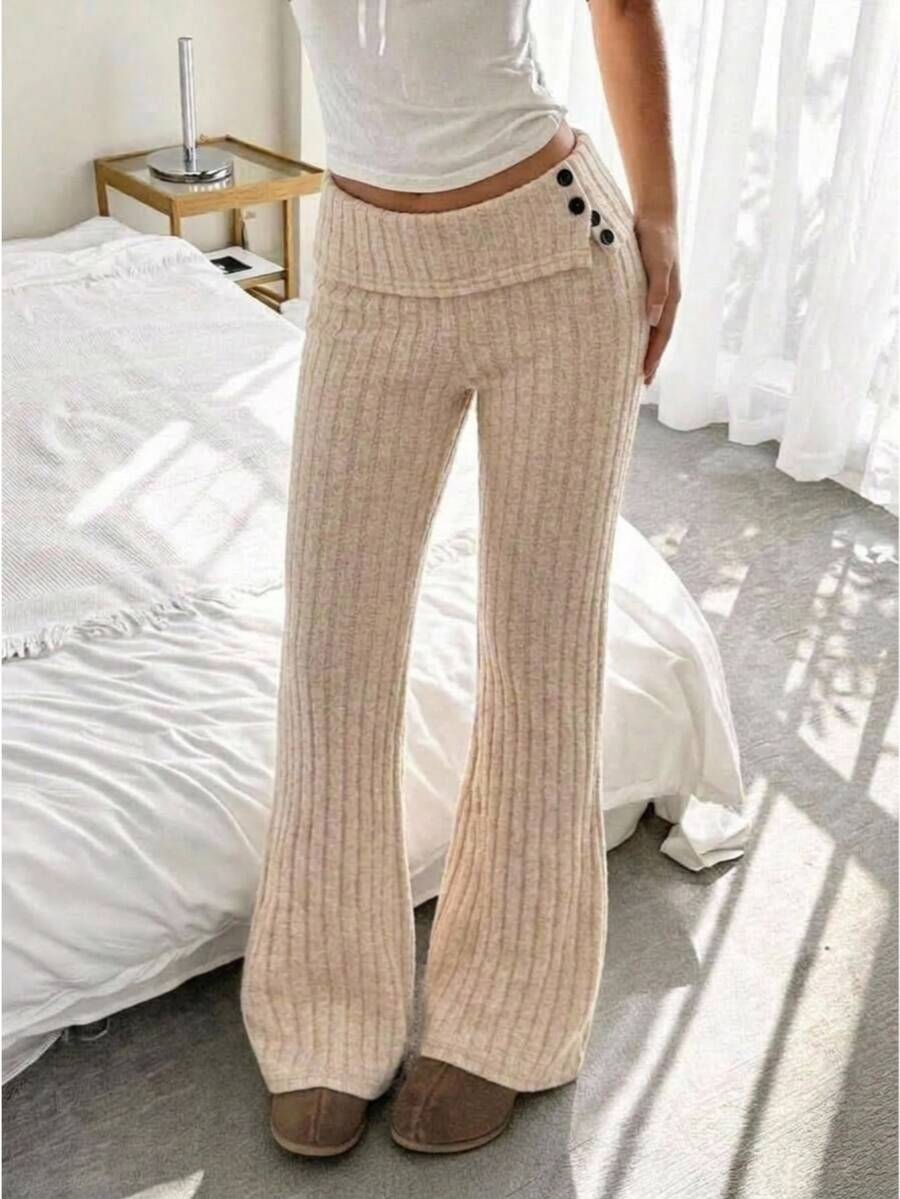 Kids Tween Girl Off-White Autumn Casual Sweater Pants, Comfortable Sweet Double Waist Design Button Asymmetric Trousers,Autumn/Winter,Fall Outfits - White - View 1