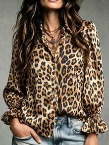 INAWLY Women's Long-Sleeved Satin Leopard Print Blouse With Lantern Sleeves, Suitable For Office Wear. - Multicolor - View 4