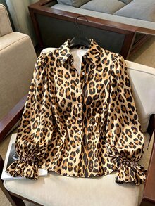 INAWLY Women's Long-Sleeved Satin Leopard Print Blouse With Lantern Sleeves, Suitable For Office Wear. - Multicolor - View 2