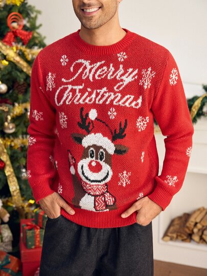 HIMLAND Suéter de Navidad Rojo Jacquard de Cuello Redondo de Manga Larga Engrosado y Cálido Conjunto a Juego para Parejas Año Nuevo 2026 [Excl. Bebé & Niños]