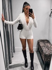 Amplova Women's Fitted Long Sleeve Wool Curly Deep V-Neck Bodycon Bodycon High Waist Cut-Out Mini Jumpsuit - White - View 3