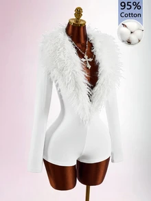 Amplova Women's Fitted Long Sleeve Wool Curly Deep V-Neck Bodycon Bodycon High Waist Cut-Out Mini Jumpsuit - White - View 17