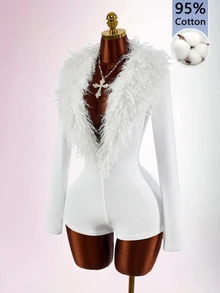 Amplova Women's Fitted Long Sleeve Wool Curly Deep V-Neck Bodycon Bodycon High Waist Cut-Out Mini Jumpsuit - White - View 16