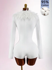 Amplova Women's Fitted Long Sleeve Wool Curly Deep V-Neck Bodycon Bodycon High Waist Cut-Out Mini Jumpsuit - White - View 15