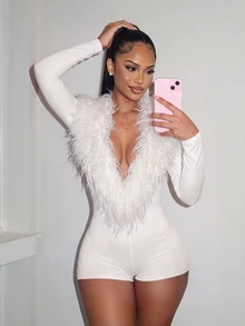 Amplova Women's Fitted Long Sleeve Wool Curly Deep V-Neck Bodycon Bodycon High Waist Cut-Out Mini Jumpsuit - White - View 6