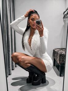 Amplova Women's Fitted Long Sleeve Wool Curly Deep V-Neck Bodycon Bodycon High Waist Cut-Out Mini Jumpsuit - White - View 4