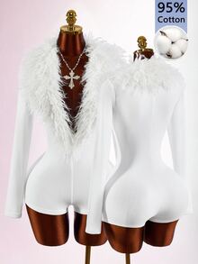 Amplova Women's Fitted Long Sleeve Wool Curly Deep V-Neck Bodycon Bodycon High Waist Cut-Out Mini Jumpsuit - White - View 9