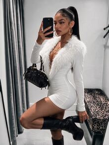 Amplova Women's Fitted Long Sleeve Wool Curly Deep V-Neck Bodycon Bodycon High Waist Cut-Out Mini Jumpsuit - White - View 2