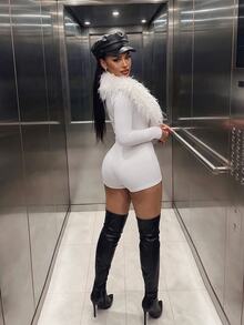 Amplova Women's Fitted Long Sleeve Wool Curly Deep V-Neck Bodycon Bodycon High Waist Cut-Out Mini Jumpsuit - White - View 5