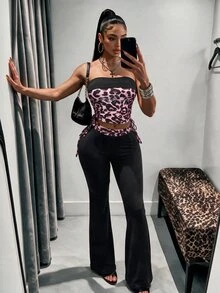 Amplova 豹紋水鑽喇叭褲緊身修身女款抹胸上衣 Y2K 性感兩件套 夜店外出裝 黑色粉色 夏季 - 黑色 - 查看 4