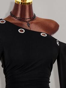 Amplova Asymmetrical Shoulder Sleeve Slanted Hem Eyelet Punk Western Cowboy Sexy Y2K Women's Top Halloween Going Out Club Night Out Black Fall - Black - View 7
