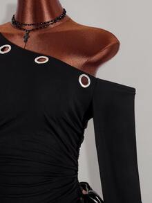 Amplova Asymmetrical Shoulder Sleeve Slanted Hem Eyelet Punk Western Cowboy Sexy Y2K Women's Top Halloween Going Out Club Night Out Black Fall - Black - View 12