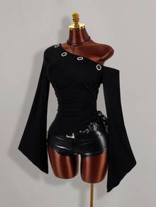 Amplova Asymmetrical Shoulder Sleeve Slanted Hem Eyelet Punk Western Cowboy Sexy Y2K Women's Top Halloween Going Out Club Night Out Black Fall - Black - View 10