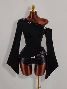 Amplova Asymmetrical Shoulder Sleeve Slanted Hem Eyelet Punk Western Cowboy Sexy Y2K Women's Top Halloween Going Out Club Night Out Black Fall - Black - View 9