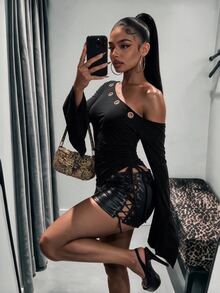 Amplova Asymmetrical Shoulder Sleeve Slanted Hem Eyelet Punk Western Cowboy Sexy Y2K Women's Top Halloween Going Out Club Night Out Black Fall - Black - View 2