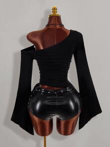 Amplova Asymmetrical Shoulder Sleeve Slanted Hem Eyelet Punk Western Cowboy Sexy Y2K Women's Top Halloween Going Out Club Night Out Black Fall - Black - View 13