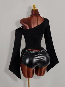 Amplova Asymmetrical Shoulder Sleeve Slanted Hem Eyelet Punk Western Cowboy Sexy Y2K Women's Top Halloween Going Out Club Night Out Black Fall - Black - View 8