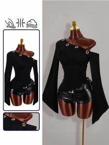 Amplova Asymmetrical Shoulder Sleeve Slanted Hem Eyelet Punk Western Cowboy Sexy Y2K Women's Top Halloween Going Out Club Night Out Black Fall - Black - View 1