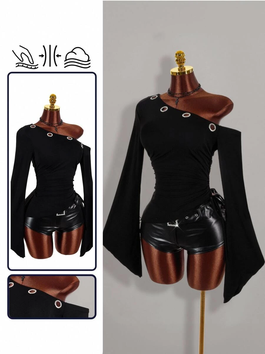 Amplova Asymmetrical Shoulder Sleeve Slanted Hem Eyelet Punk Western Cowboy Sexy Y2K Women's Top Halloween Going Out Club Night Out Black Fall - Black - View 1