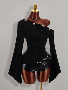 Amplova Asymmetrical Shoulder Sleeve Slanted Hem Eyelet Punk Western Cowboy Sexy Y2K Women's Top Halloween Going Out Club Night Out Black Fall - Black - View 5