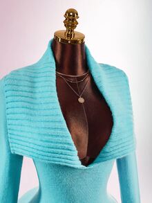 Amplova Gaun Mini Rajut Buatan Tangan Lengan Panjang Bergaris dengan Kerah Lebar, Pas Badan, dan Potongan Bodycon - Biru - View 11