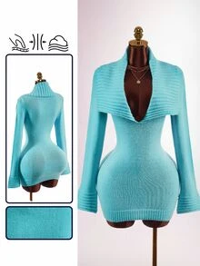 Amplova Gaun Mini Rajut Buatan Tangan Lengan Panjang Bergaris dengan Kerah Lebar, Pas Badan, dan Potongan Bodycon - Biru - View 5