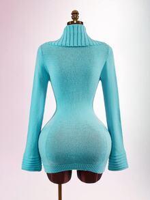 Amplova Gaun Mini Rajut Buatan Tangan Lengan Panjang Bergaris dengan Kerah Lebar, Pas Badan, dan Potongan Bodycon - Biru - View 12