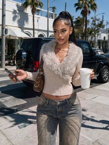 Amplova Cross-Collar Fur Trim Patchwork Ribbed Knit Long Sleeve Y2K Sexy Retro Women's Top, Suitable For Dating, Home, Casual, Street, Campus Wear - Apricot - View 3