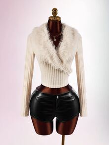 Amplova Cross-Collar Fur Trim Patchwork Ribbed Knit Long Sleeve Y2K Sexy Retro Women's Top, Suitable For Dating, Home, Casual, Street, Campus Wear - Apricot - View 5