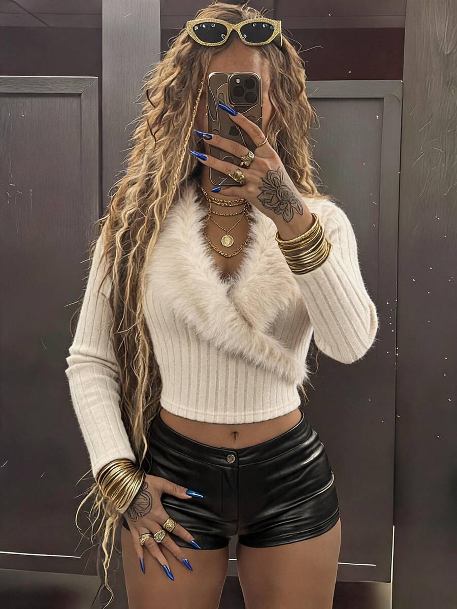 Amplova Cross-Collar Fur Trim Patchwork Ribbed Knit Long Sleeve Y2K Sexy Retro Women's Top, Suitable For Dating, Home, Casual, Street, Campus Wear - Apricot - View 1