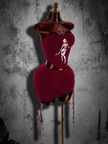 Amplova Halloween Nurse-Style Two-Piece Set: Sleeveless, Off-The-Shoulder, Form-Fitting Knit Top With Lace Trim And Asymmetrical Hem. - Burgundy - View 11