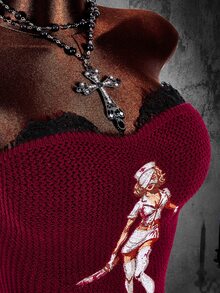 Amplova Halloween Nurse-Style Two-Piece Set: Sleeveless, Off-The-Shoulder, Form-Fitting Knit Top With Lace Trim And Asymmetrical Hem. - Burgundy - View 9