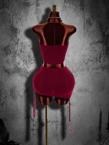 Amplova Halloween Nurse-Style Two-Piece Set: Sleeveless, Off-The-Shoulder, Form-Fitting Knit Top With Lace Trim And Asymmetrical Hem. - Burgundy - View 12