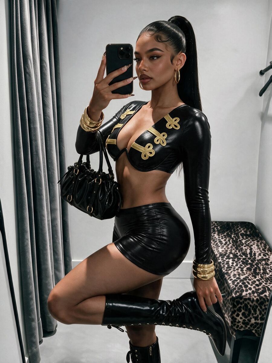 Amplova طقم نسائي من قطعتين بأسلوب نابليون بأزرار، بلون كحلي، بتصميم Y2K للهالوين، بياقة V عميقة، مع سلك دعم، وأكمام طويلة، وقصة ضيقة تبرز الخصر - الأسود - مشاهدة 1