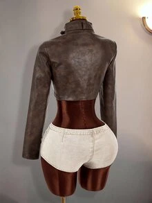 Amplova Jaket Wanita Model Y2K Bahan PU yang Dicuci, Model Lengan Panjang Pas Badan dengan Gesper Sabuk dan Lubang Kancing, Kerah Tinggi - Coklat - View 16