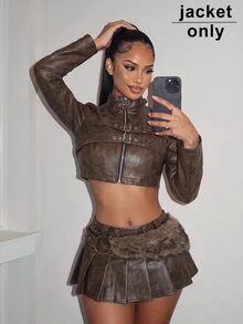 Amplova Jaket Wanita Model Y2K Bahan PU yang Dicuci, Model Lengan Panjang Pas Badan dengan Gesper Sabuk dan Lubang Kancing, Kerah Tinggi - Coklat - View 4