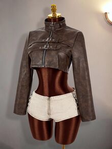 Amplova Jaket Wanita Model Y2K Bahan PU yang Dicuci, Model Lengan Panjang Pas Badan dengan Gesper Sabuk dan Lubang Kancing, Kerah Tinggi - Coklat - View 8