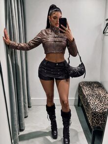 Amplova Jaket Wanita Model Y2K Bahan PU yang Dicuci, Model Lengan Panjang Pas Badan dengan Gesper Sabuk dan Lubang Kancing, Kerah Tinggi - Coklat - View 3